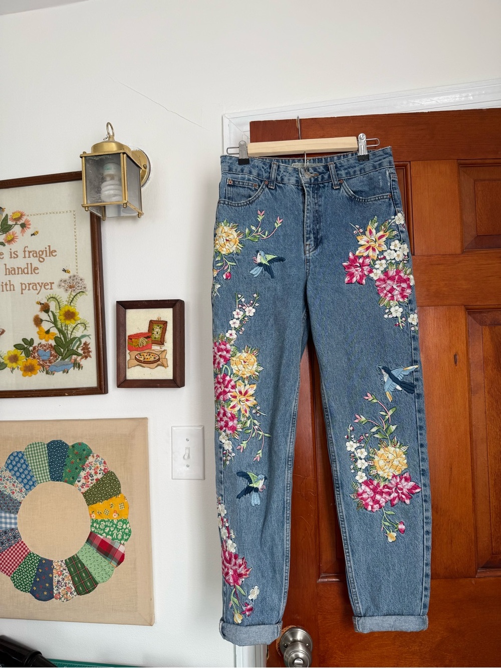Topshop Floral Embroidered Blue Denim Jeans